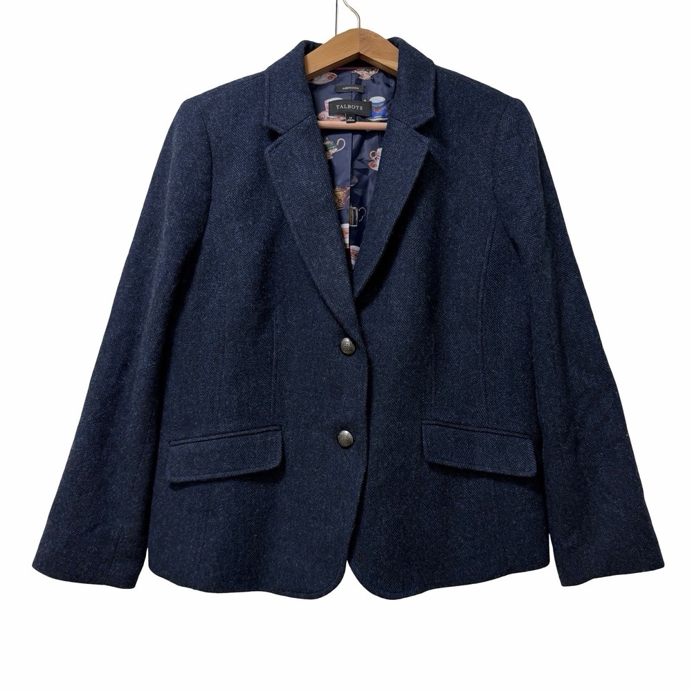 Talbots Womens Aberdeen Wool Blend Blazer Size 14 Navy Gold Buttons Academia